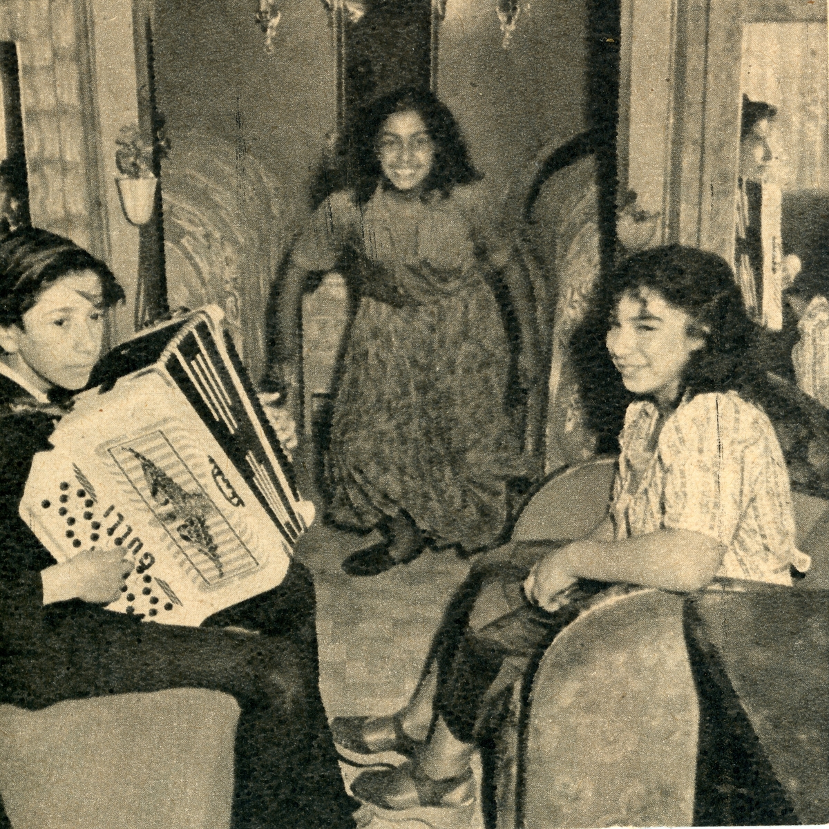 En pojke med dragspel i famnen spelar för två flickor i en bostadsvagn. Att vara musikant har historiskt varit ett vanligt yrke bland romer i Sverige, såväl som handel och försäljning av musikinstrument. Musicerandet har ofta kombinerats med tivoliverksamhet, teater eller lustspel av olika slag. Dessa verksamheter mötte en kraftig nedgång i och med tevens genomslag under 1950- och 1960-talen.