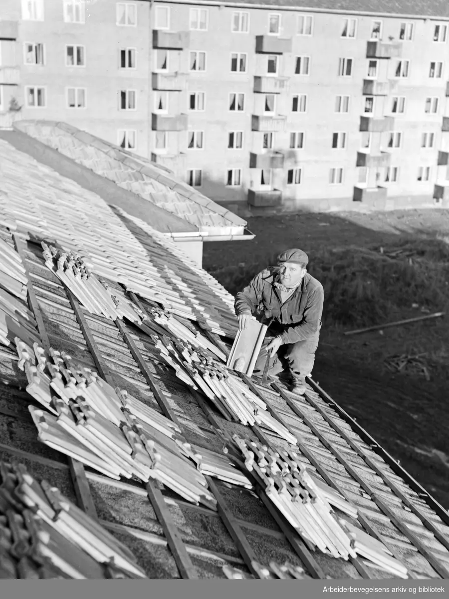 Taktekker Rolf Bjørnstad legger teglpanner på en OBOS-blokk i Teisen-området. Januar 1952.