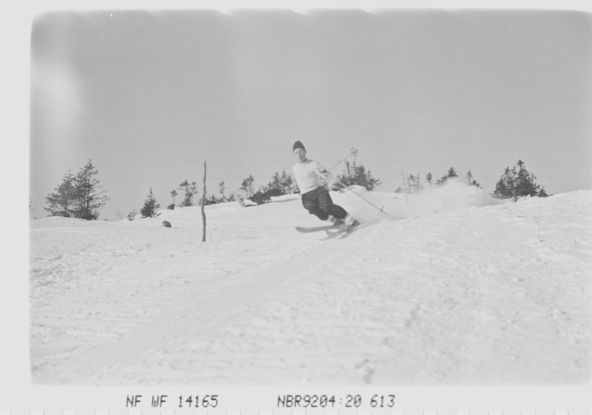 Skiløper i utforløype. Norefjell, Krødsherad, Viken. Fotografert 1941.