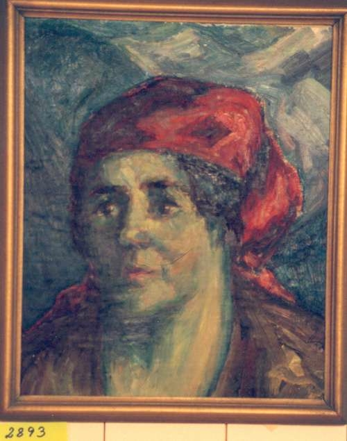 Portrett av Ågot Mandt. Ein lapp er festa til baksida med maleriet, der det står: "Dette bilde er en del av et større portrett malt av Nanna Kiønig på Dalen av Aagot Mandt. Avskjæringen er gjort av Ture Holm."