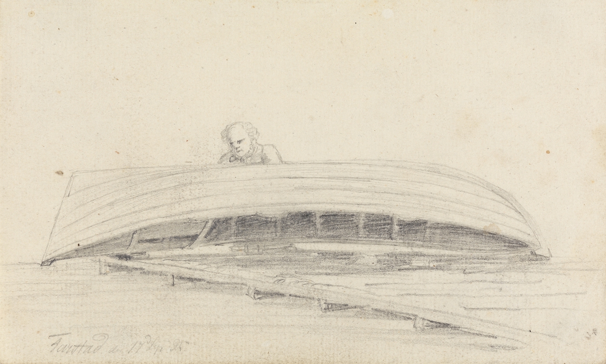 Mannsfigur bak hvelvet båt, Farsta [Tegning]