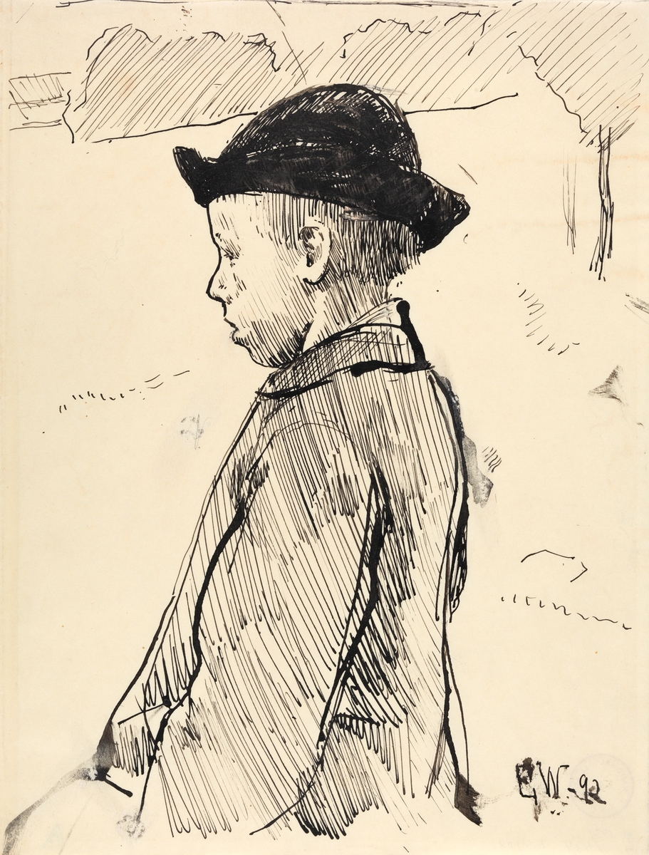 Gutt med hatt, i profil [Tegning]