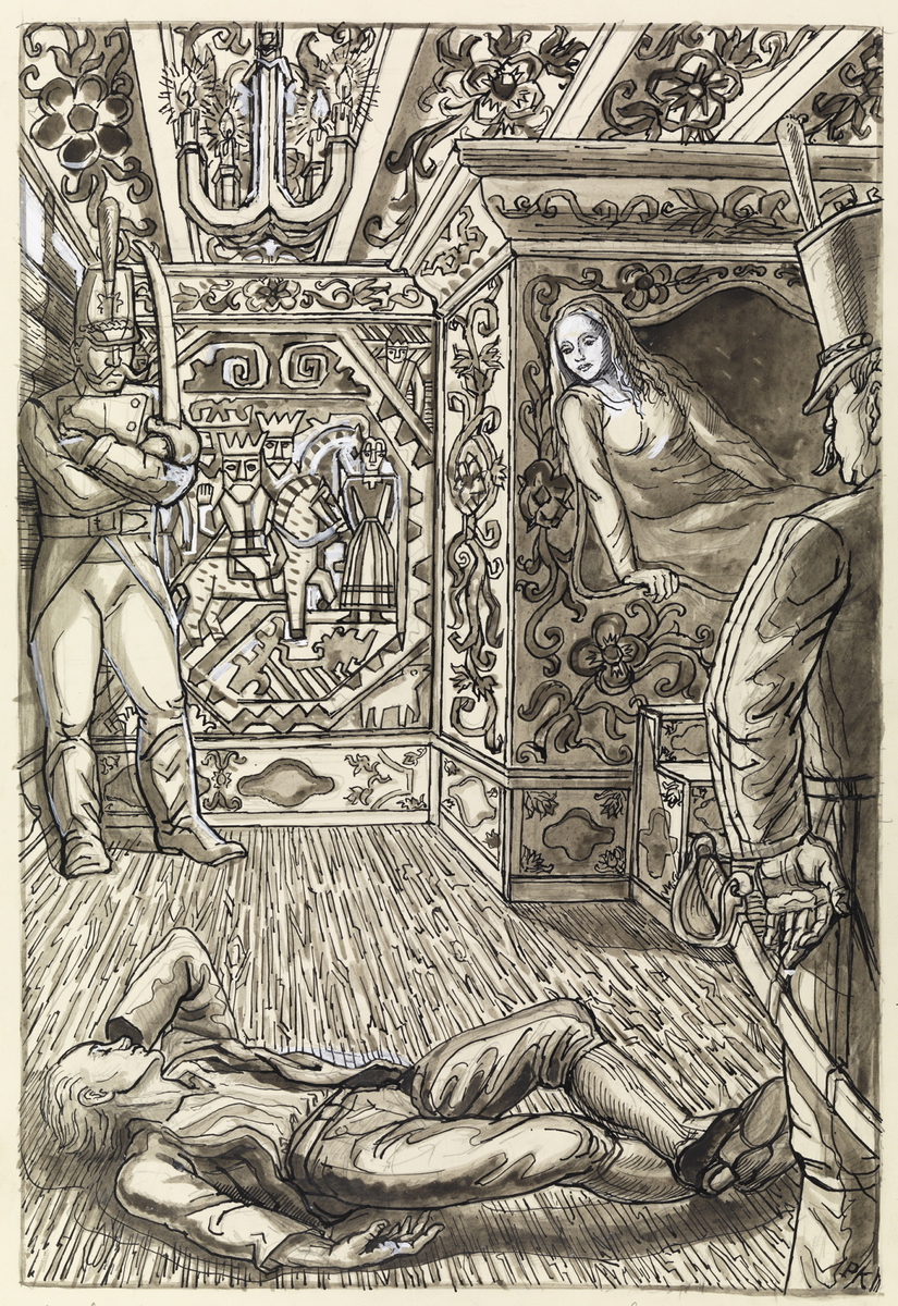 Askeladden lå da på gulvet i kammerset hos prinsessen om natten, og to mann sto vakt [Illustrasjon]