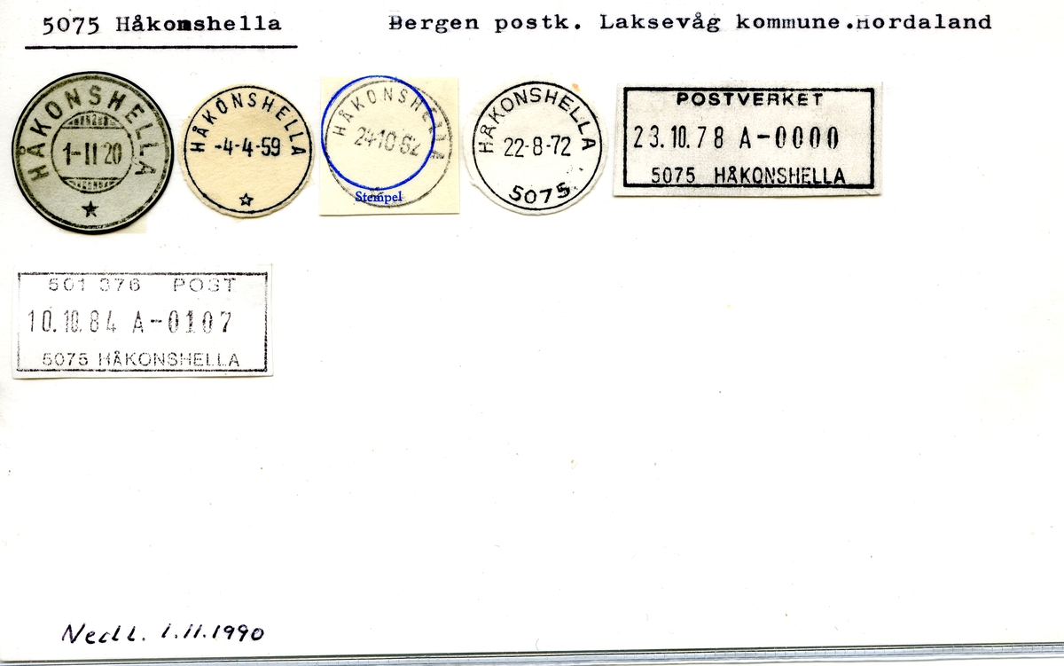 Stempelkatalog. 5075 Håkonshella. Bergen postkontor. Laksevåg kommune. Hordaland fylke.