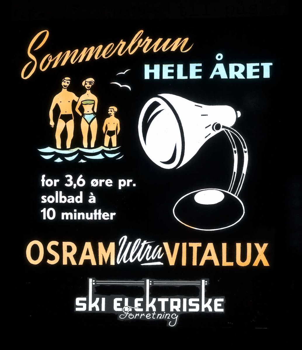 Kinoreklame fra Ski for høyfjellsol. Sommerbrun hele året for 3,6 øre pr. solbad a 10 minutter. Osram Ultra Vitalux. Ski elektriske forretning.