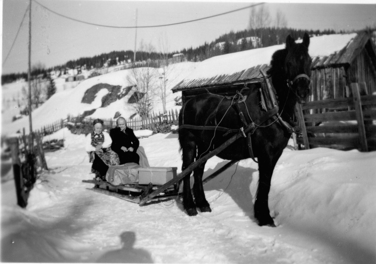 Begravelse,hest,slede,bunad,kåpe.Håvel Steingrimson Haugen 1956
Frå v.Ragnhild Haugen Dokken og Anne Haugen Gulliksen