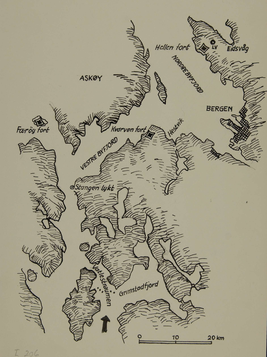 Kart over området Bergen - Askøy. Kvarven fort. Kampene i Norge 1940.