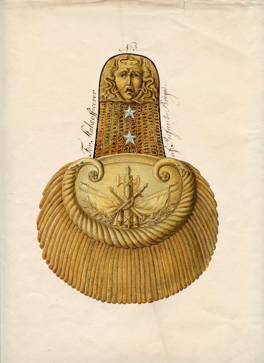 Epaulette for stabsoffiser i infanteribrigadene,1818. Tekst: Til Stabsofficerer af Infant. Brigad.
