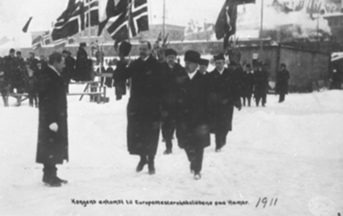 Postkort, Hamar, Mjøsisen, Veslemjøsa, Europamesterskap på skøyter 1911, EM 1911, kong Haakon VII kommer som æresgjest søndag 20. februar 1911, 
