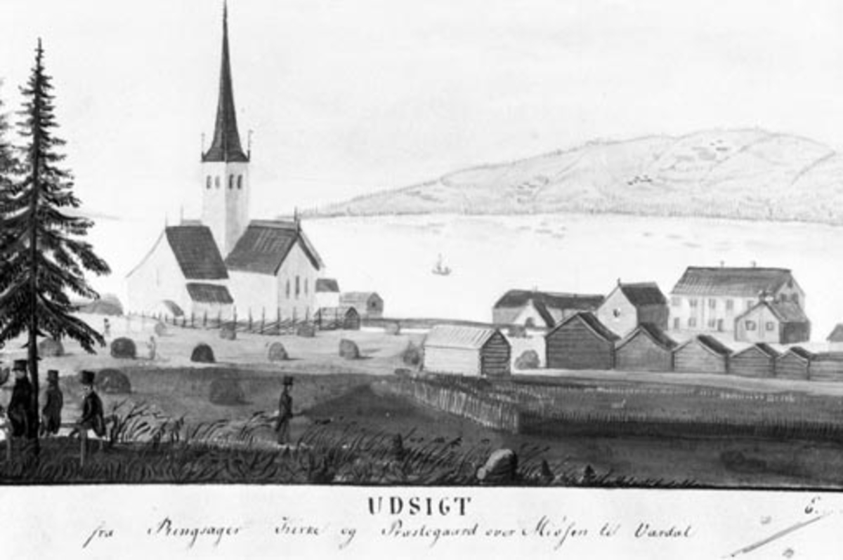 Akvarell av Ringsaker kirke, prestegården og omegn. Staller til høyre.