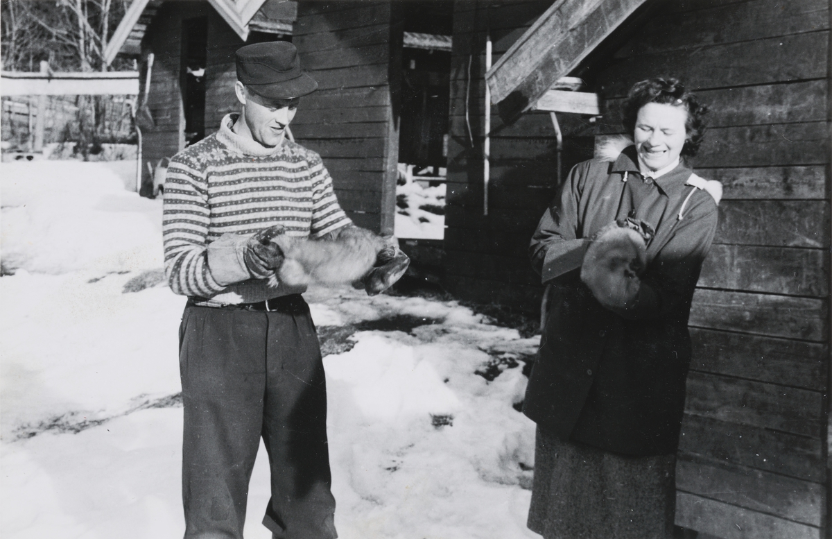 Pelsdyrfarmen på Fjelstad Østre, Moelv. På bildet røkter Georg og Palma Pettersen. Foto fra 1955 - 1958. 