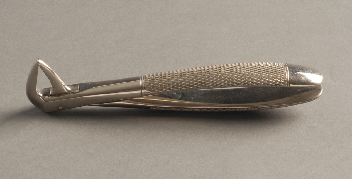 To små metalldeler som er bøyd 90° i enden festet sammen med en stift, hvor de bøyde endene danner en kjeve.