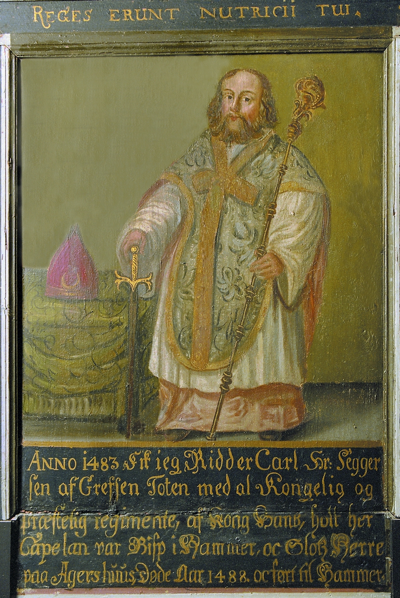 Biskop i Hamar Karl Sigurdsson 1473-1487. Han var også sogneprest på Toten. Maleri i Hoff kirke. Av adelsslekten Skaktavl. 