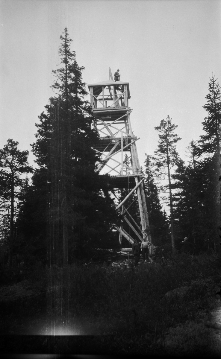 Brannvaktårnet ved Lundbergseteter fotografert i 1936.  Fotografiet viser et stolpetårn av vanlig type.  Tårnet har noenlunde kvadratisk grunnplan.  Det er bygd av stolper som er reist i en bratt, pyramidal form med stolpekryss i tre nivåer på alle fire sider som avstiving.  Adkomsten til utkikkshytta på toppen skjedde via to horisontale plattformer og stiger opp til ei luke i hyttegolvet.  Da fotografiet ble tatt var tårnet under oppføring.  Bindingsverkshytta hadde ennå ikke fått bordkledning og vinduer.  En mann arbeidet på pyramidetaket, der det ble montert lynavleder.  Tårnet ble bygd på et høgdedrag med litt glissen barskog. 
