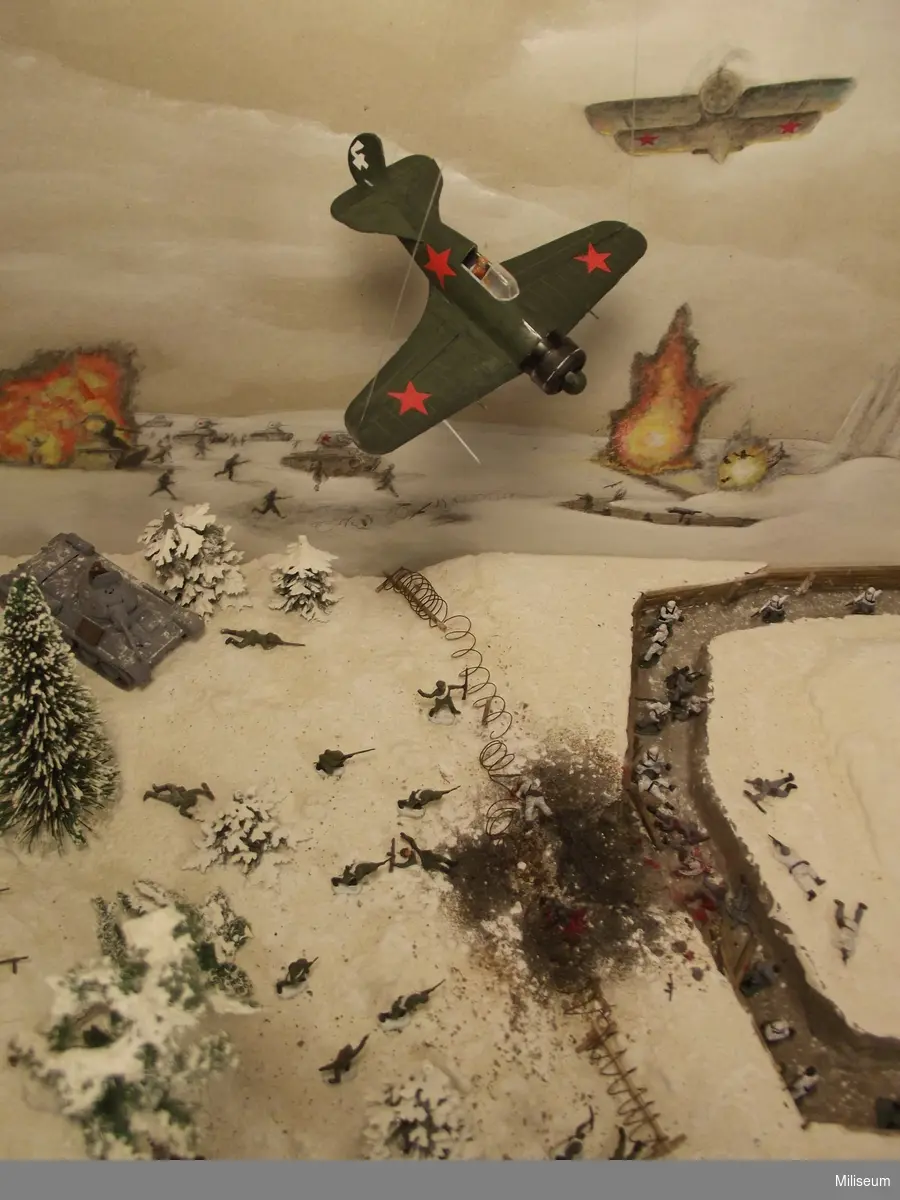 Diorama av Svenska Finlandsfrivilliga 1940 som försvarar sig mot ett sovjetiskt anfall.