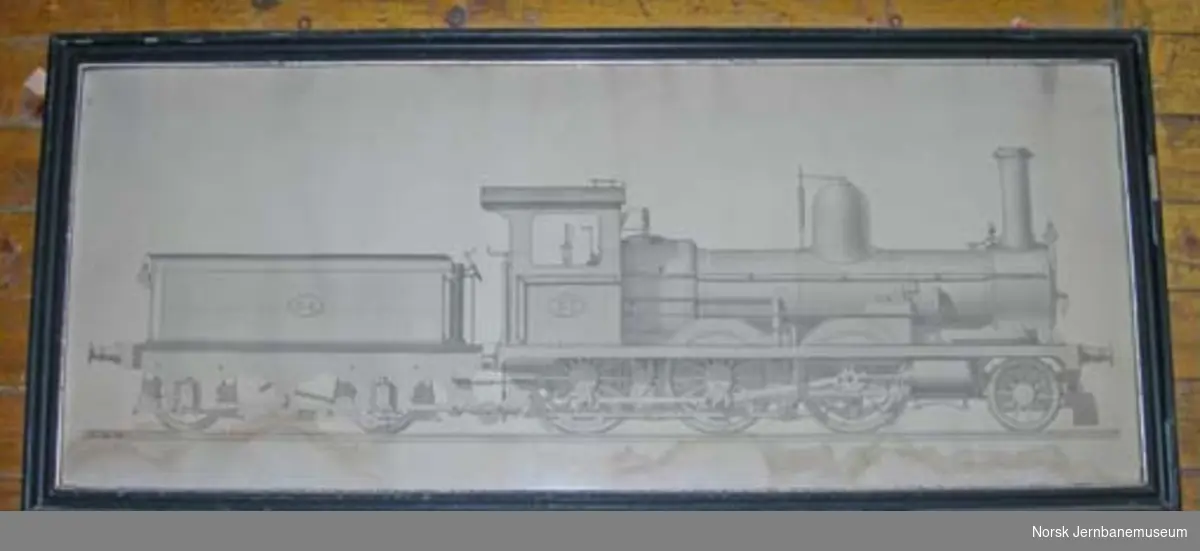 Tegning i glass og ramme : Hovedbanens damplokomotiv nr. 32