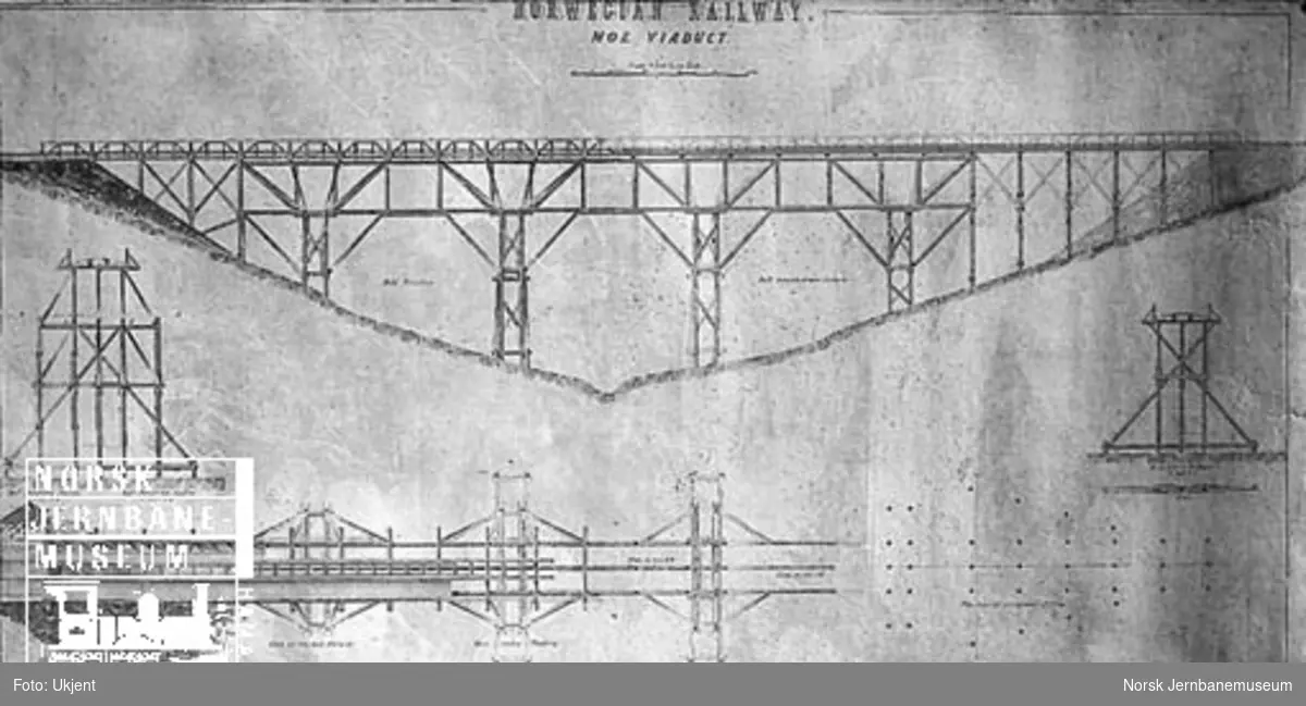 Tegning av Moe (trolig Mobekken) viadukt på Hovedbanen, signert R. Stephenson