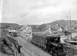 Damplokomotiv med godstog lastet med torvbunter på Lillesand