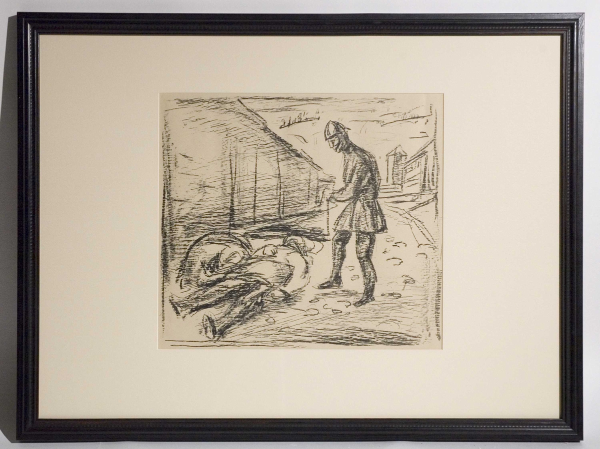 Oppstillingsliste: " Litografi (?) i ramme / Tre og glass (ramme) /  Edvard Munch: Kongsemnerne (brodermordet)  /  Farge: brun (ramme)."
Med passepartout. 
