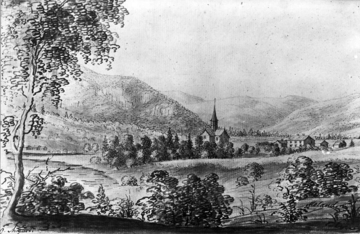 Moland kirke og prestegård, Fyresdal, Telemark. Tusjtegning av Simon Olaus Wolff (1796-1859), aug. 1829.