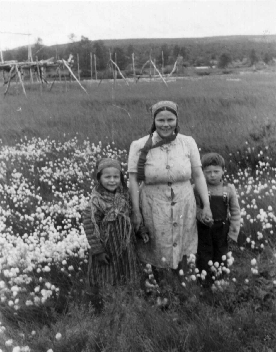 Sara Mathisdatter Skum Gaup med to barn. Piken er Kristine Sara N. Gaup Bongo og gutten er hennes sønn, Ole Henrik Magga. 1952.