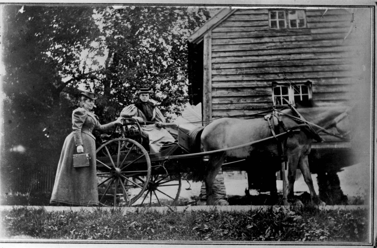 Kvinner med hestekjøretøy, Norheimsund, Kvam, muligens 1876. Fru Anna Midling og frk. Anna Kjøsterud på tur. 
