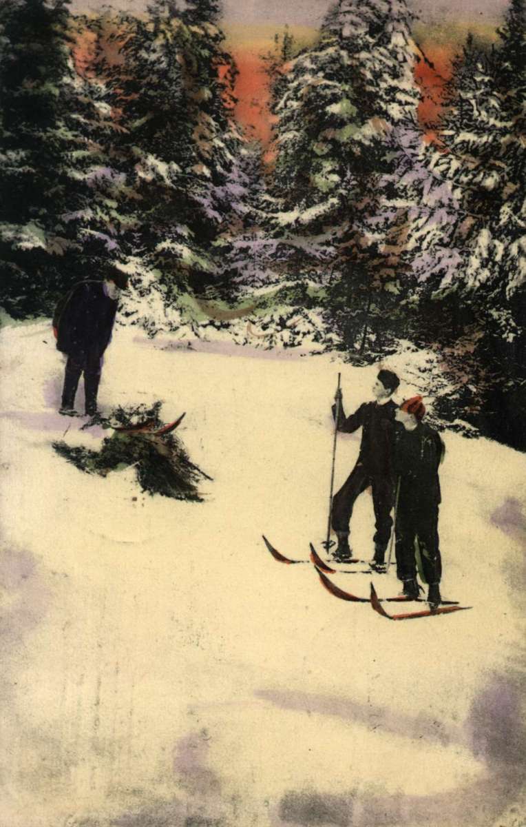 Postkort. Jule- og nyttårshilsen. Vintermotiv. Skiløpere ute i skogen i samtale med en mann. Stemplet 23.12.1907.