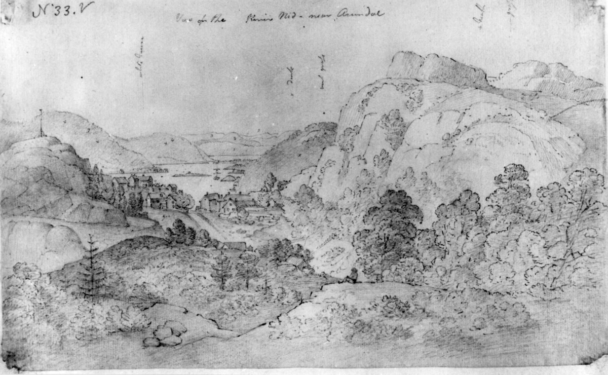 Arendal omegn, parti med Nidelva, blyantskisse av John Edy fra skissealbum "Drawings Norway 1800", "View of the river Nid, near Arendal" (billednummer 33).
