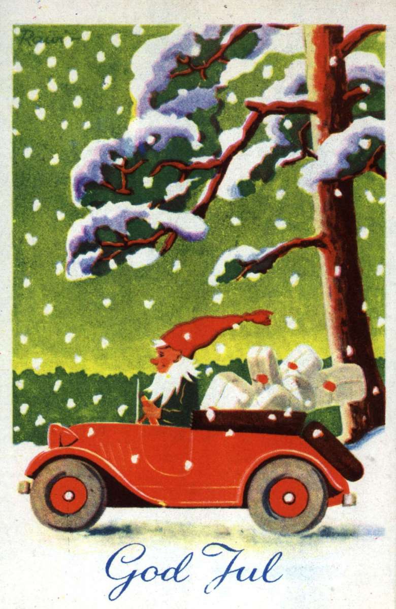 Julekort. Ubrukt. Vintermotiv. En nisse kjører bil fylt med julegaver. Ukjent illustratør.