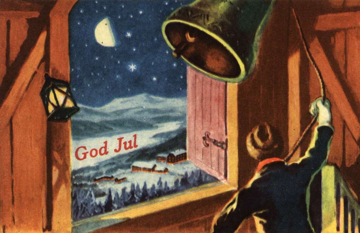 Julekort. Ubrukt. Vintermotiv. En mann står i kirketårnet og ringer julen inn. I bakgrunnen ses et måneopplyst landskap.  Ukjent illustratør.