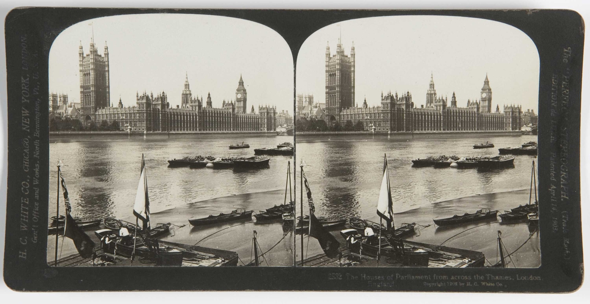 Stereoskopi. Thames med båter. House of Parliament i bakgrunnen, London.
