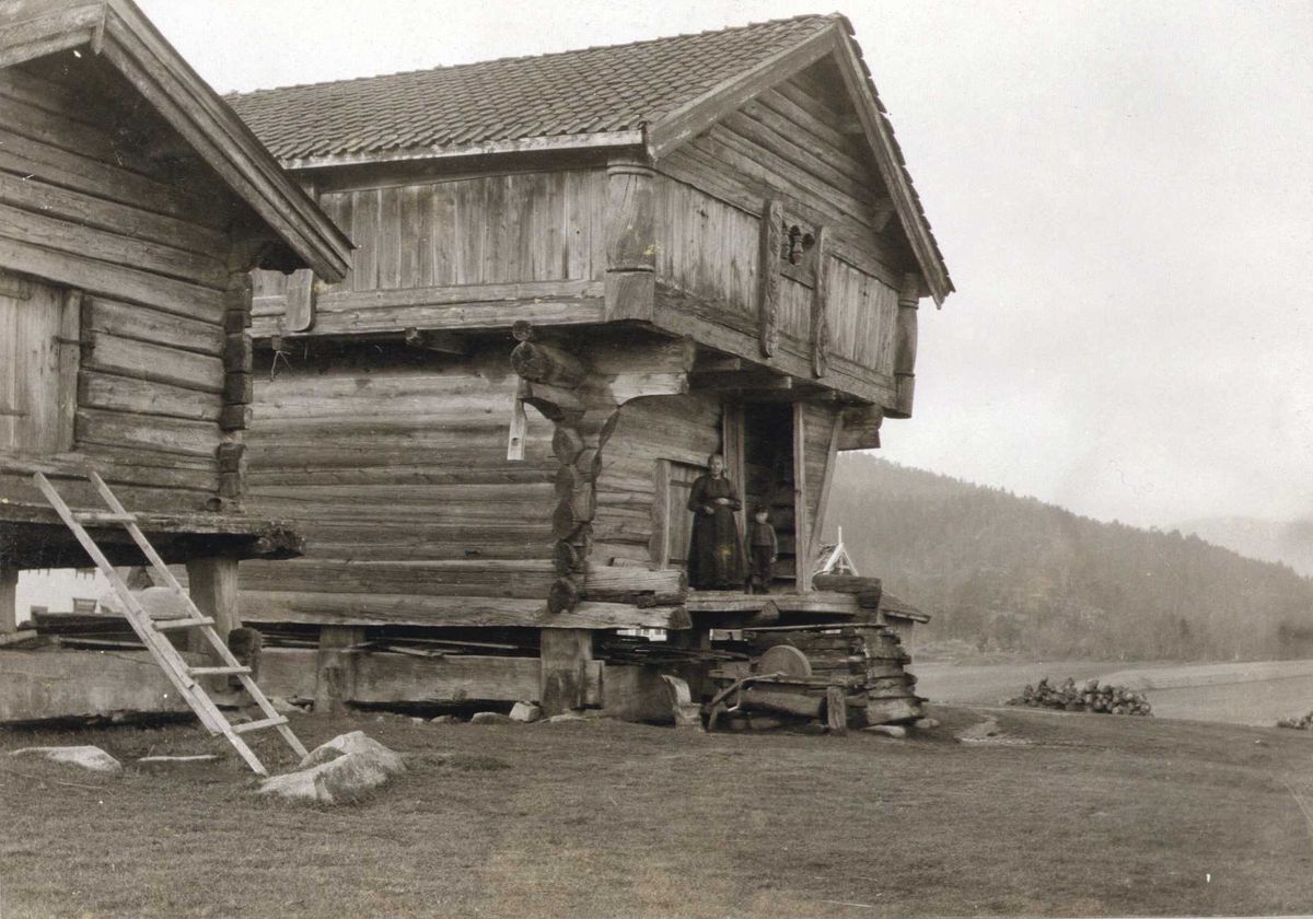 Loft, Frøland, Sauland, Hjartdal, Telemark. Fotografert 1907. Kvinne og gutt stående på trappen.