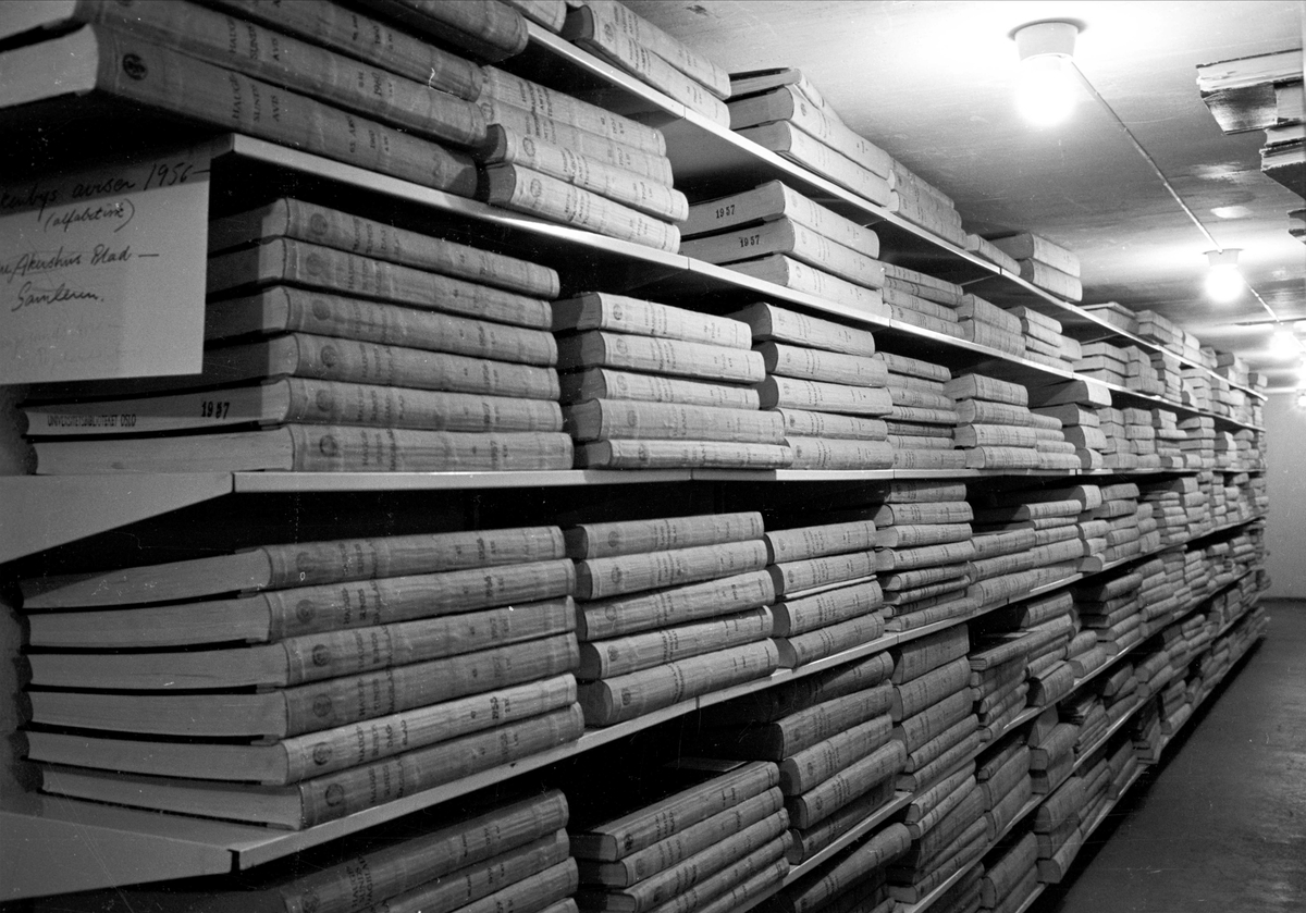 Serie. Bibliotekar Harald Andresen viser bladavdelingen i Universitetsbiblioteket, Oslo.