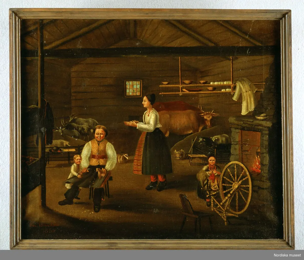 Stuginteriör med djur från Rättvik, Dalarna. Målning av I. Siljerdahl. Nordiska museet inv nr 173975.