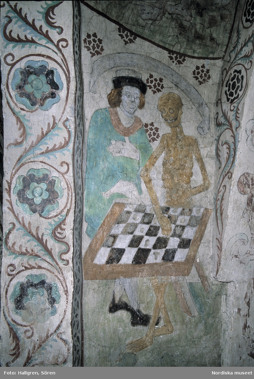 Döden spelar schack. Kyrkomålning i Täby kyrka utförd av Albertus Pictor.