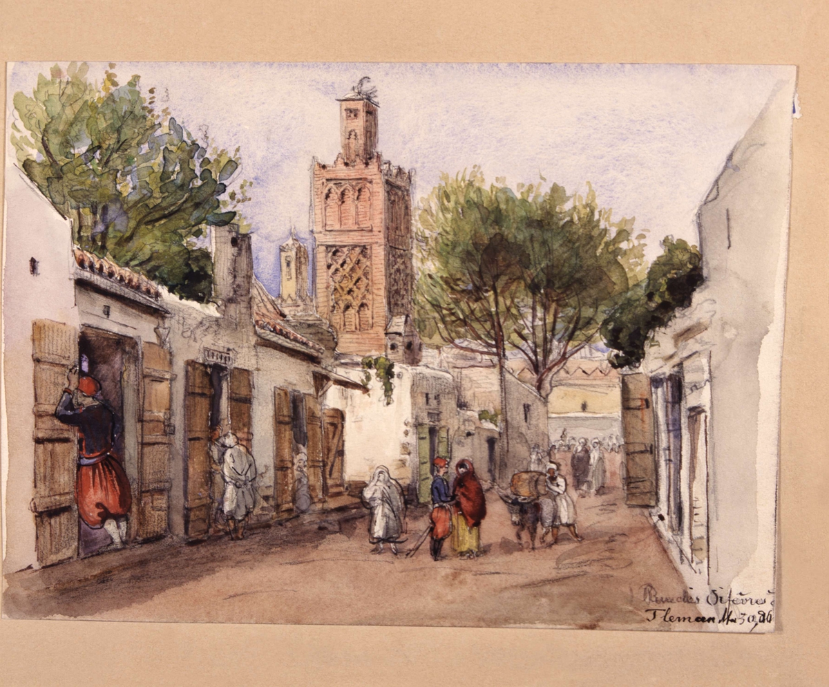"Rue des Orfévres. Tlemcen mars 86." Gata i Algeriet. Akvarell av Fritz von Dardel, 1886