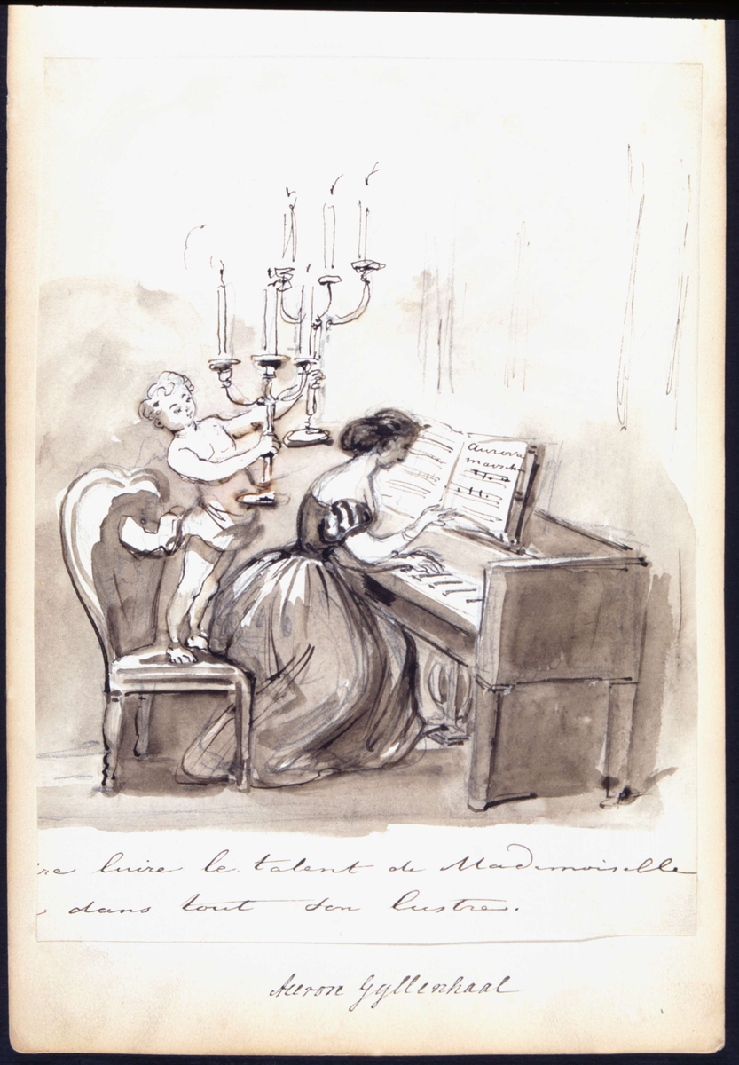 Aurora Gyllenhaal spelar piano. Tuschteckning av Fritz von Dardel.