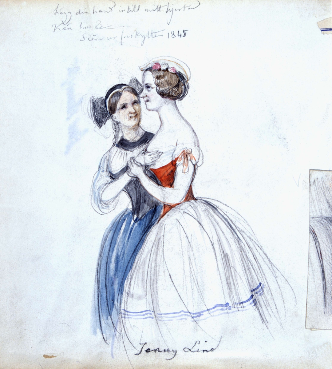 "Lägg din hand intill mitt hjerta. Känn hur..." Scen ur Friskytten, 1845. Akvarellerad blyertsteckning av Fritz von Dardel.