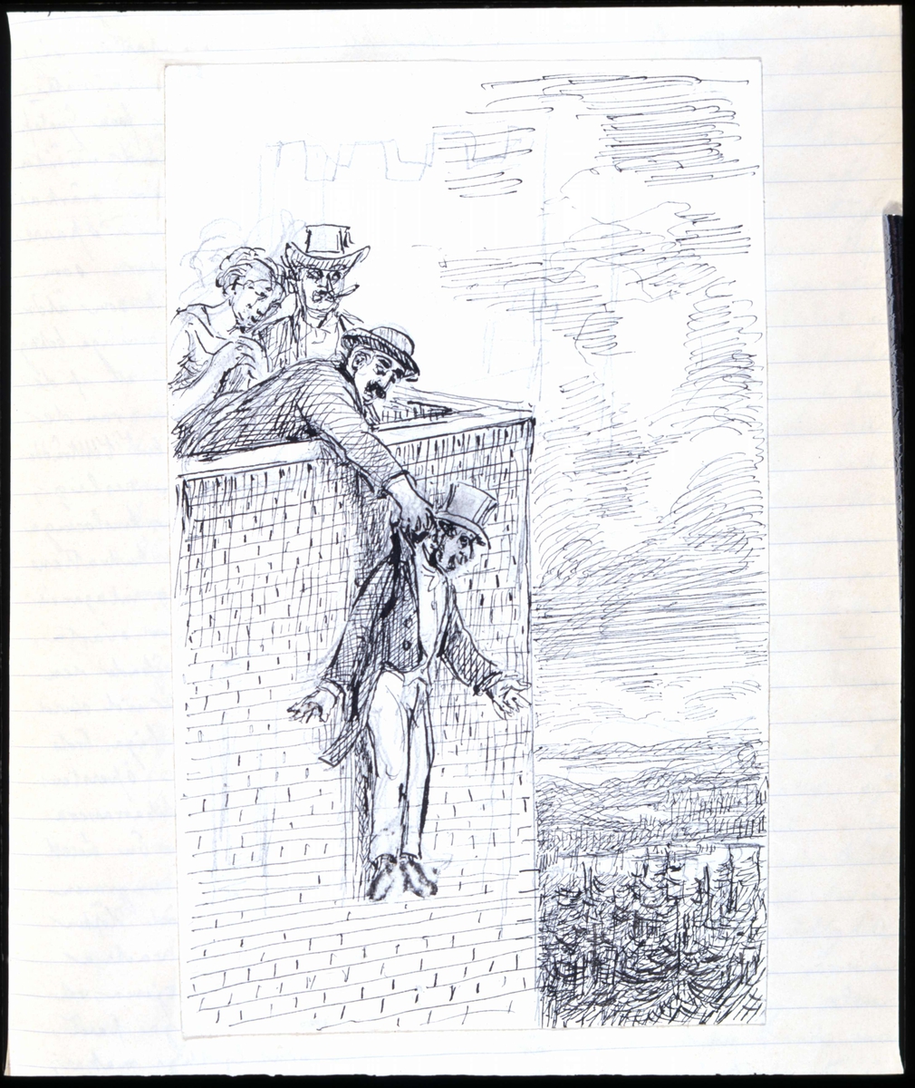 Torn på Bogesund, en man hålls hängande utanför muren. Tuschteckning av Fritz von Dardel.