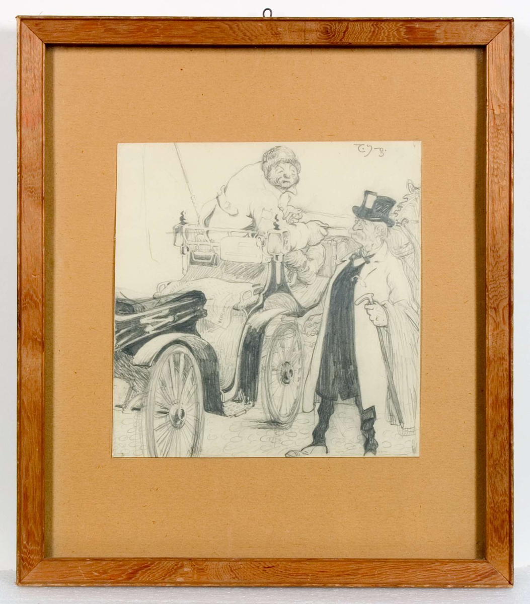 Vagn med kusk, en äldre (borgerlig) man står nedanför vagnen.