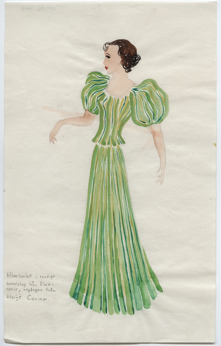 Kvinna i grönrandig klänning med puffärm, 1930-tal