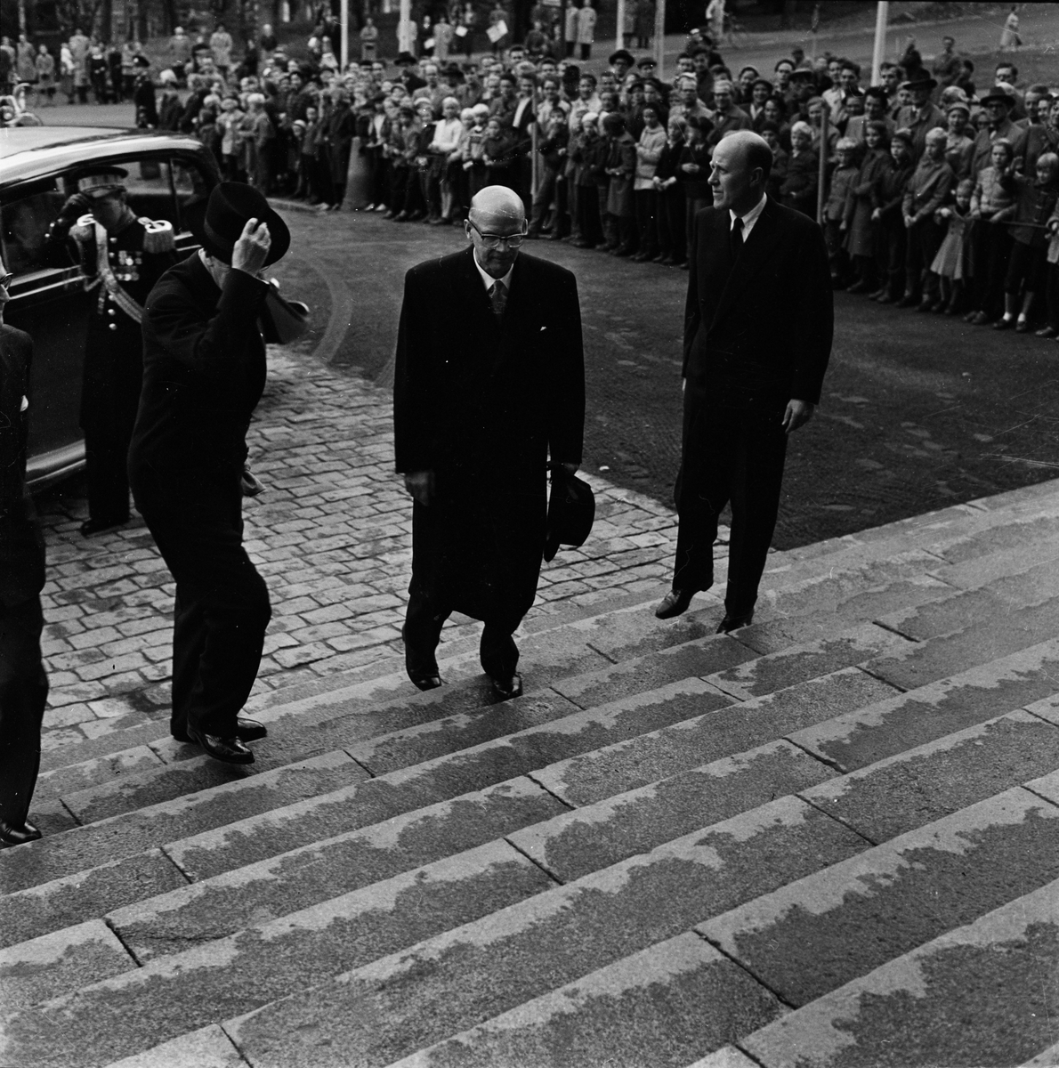 Finlands president Urho Kekkonen och kung Gustaf VI Adolf på besök i Uppsala, oktober 1956