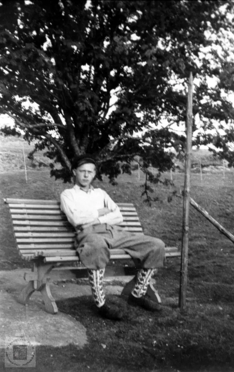 Olav Moland slapper av i hagen, Bjelland.