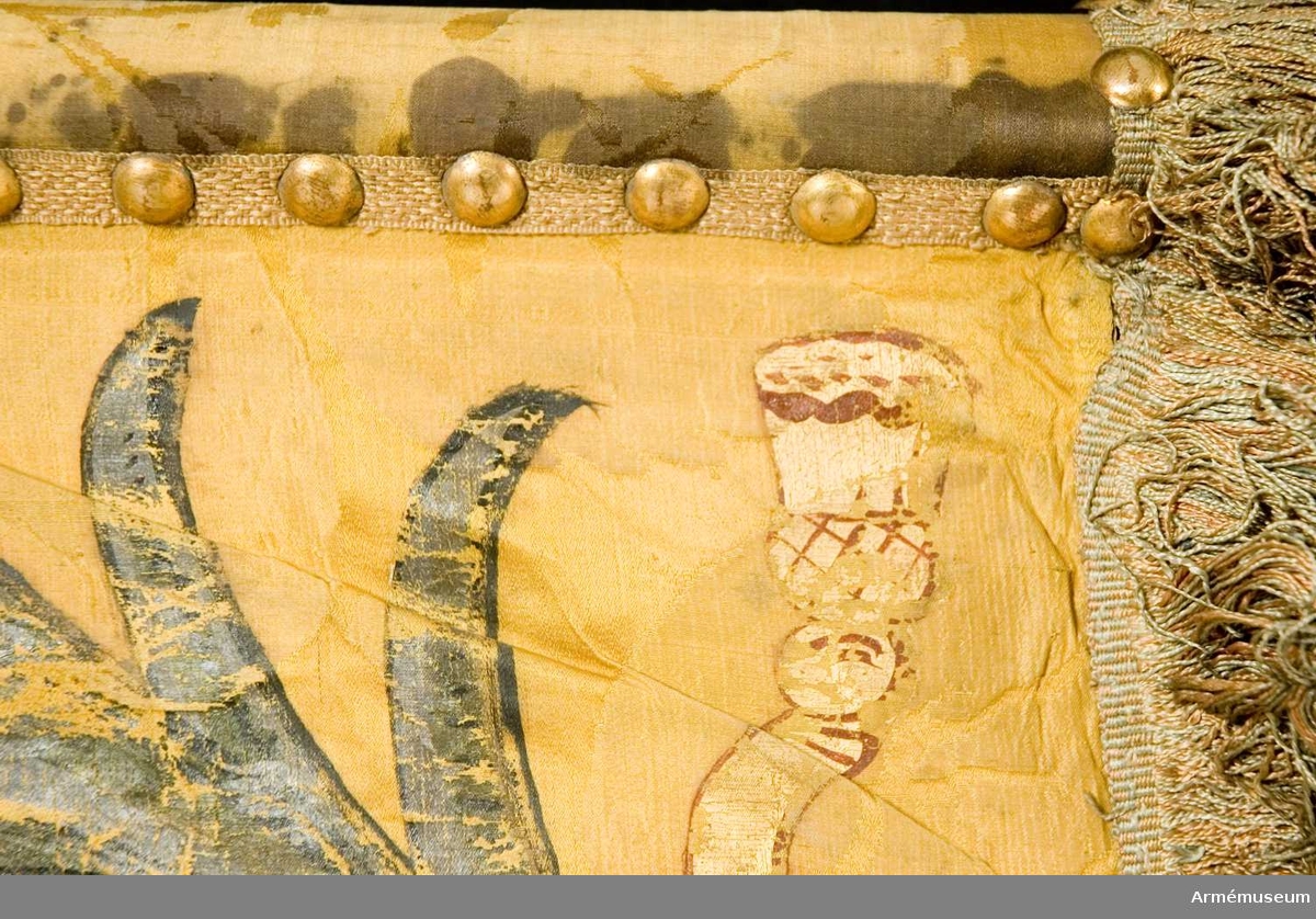 Duk:
Tillverkad  av dubbel sidendamast. Duken tvåstyckad horisontellt, övre delen blå och nedre delen gul.

Dekor:
Målad. Insidan: inom en stående rektangel (360 x 225 mm) rester av Skånes vapen, rött griphuvud, krönt med gyllene krona (knappt skönjbart). 

Utsida: Karl XII:s namnchiffer under stor sluten krona i guld med konturer i rödbrunt, innefattat av två nedtill korsade och hopknutna lagerkvistar i silver och grönt.

Duken fäst med 1 rad tennlickor på rosafärget band.

Frans:
Dubbel silkesfrans, röd och blå.

Banderoll:
Tillverkad av blått/rött silke. Snodd och tofsar likaså i blått och rött.

Stång:
tillverkad av furu, ljusgrå, åtta räfflor. Järnbeslag. Löpande bärring. Holk av mässing.