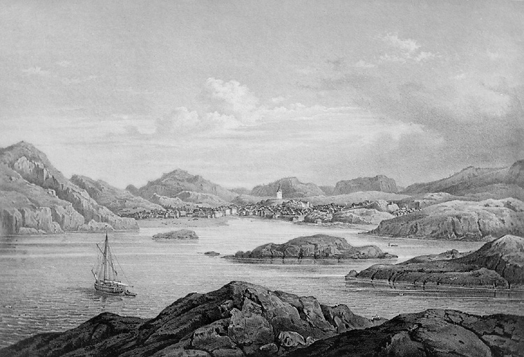 Enligt tidigare noteringar: "Avfotografering av litografi från 1850-talet konstnären okänd. Bäveåns utlopp och Skansberget med Uddevalla stad."
(Se Kristansson Uddevalla stads historia, III, sid. 149-157).