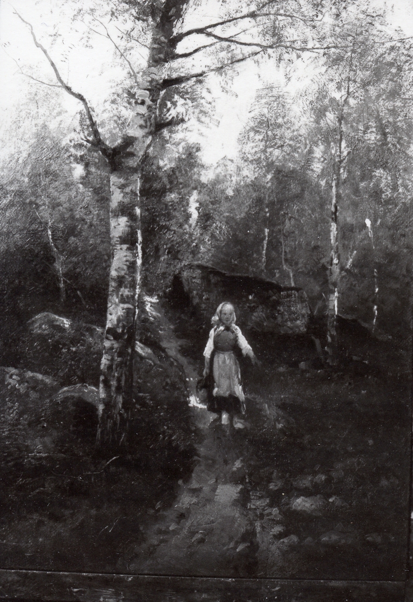 Foto av egen målning, stående på staffli. Konstreproduktion.
Liten flicka gående på skogsstig.