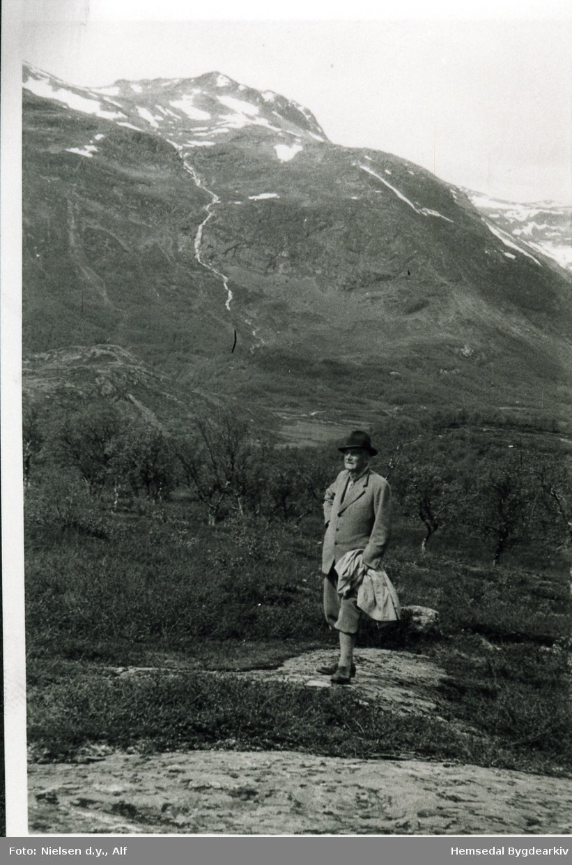Alf Nielsen, d.e. i 1942. Fossen og Fossebekken i Hemsedal i bakgrunnen.
Vegen til Søtelistølane midt i biletet.