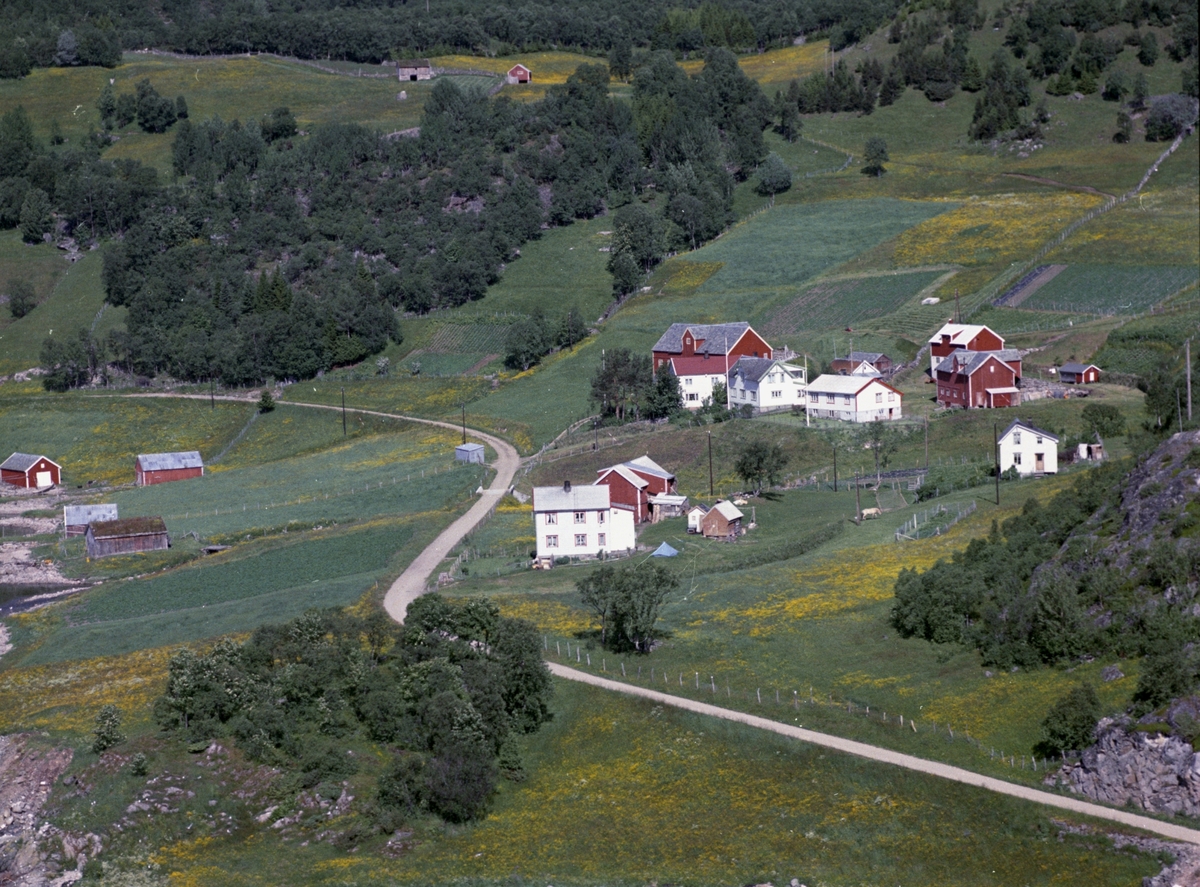 Flyfoto av bebyggelse og vei på Vaskinn.