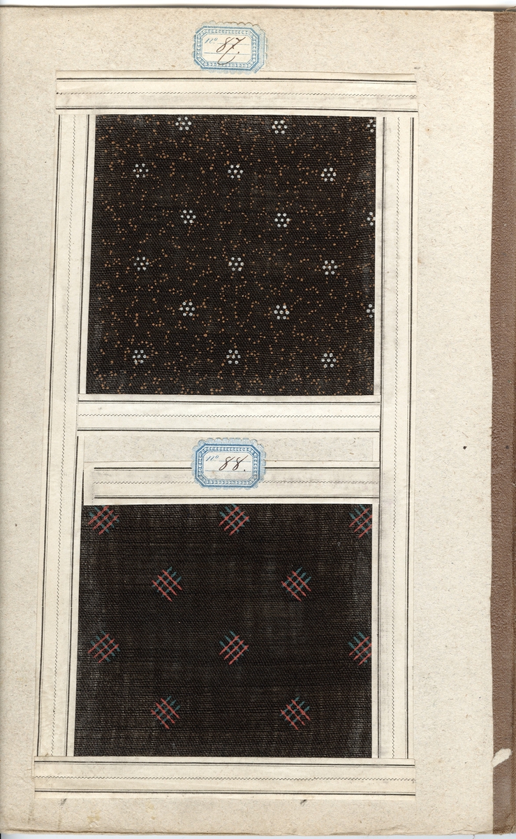 En sida ur ett album innehållande färgprover. Detta är ett av två st. album innehållande färg- och tygprover från Söderbergs färgeri i Vänersborg daterade den 29 Sept. 1838.


Trasigt album med lösa sidor.