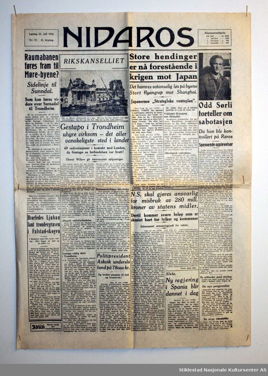 Avis i Berlinerformat. Utgitt sommeren 1945. Illustrert med bilder.